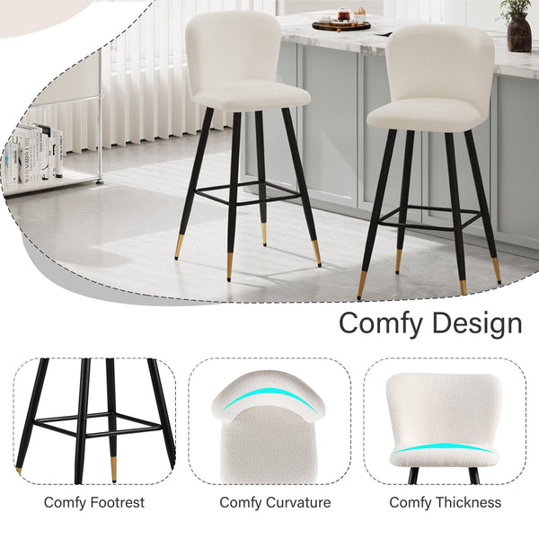 English Elm Christopher Knight Home® - 30'' Modern Barstool with White Fabric Seat, Ergonomic Curved Back, Black Legs & Gold Tips N780P228980W