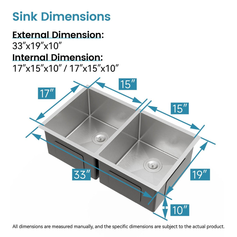 English Elm 33"x19" Handmade Stainless Steel Undermount Double Bowl Sink for Modern Kitchens T3177P296196