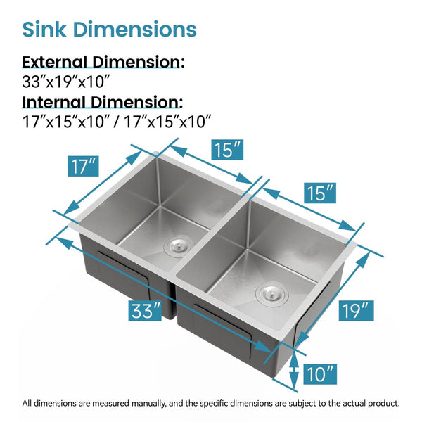 English Elm 33"x19" Handmade Stainless Steel Undermount Double Bowl Sink for Modern Kitchens T3177P296196