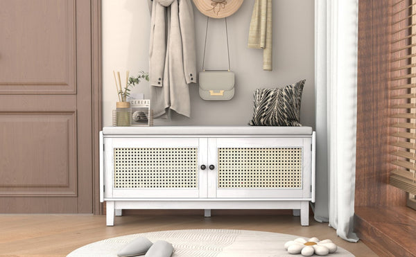 English Elm Trexm Bohemian Rattan Storage Bench Cushioned Seat Shoe Cabinet for Entryway Beige,White N715P308012K