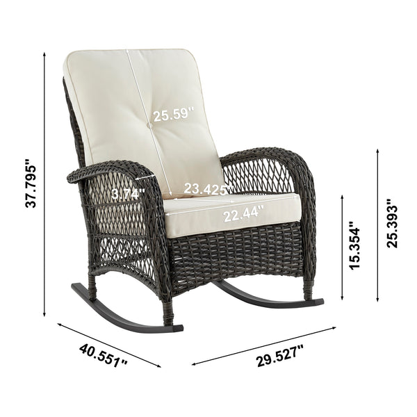 English Elm Fruttuo Upholstered Rocking Chair with Removable Zipper Cushions, Waterproof Fabric, Steel Rattan Frame Black+Cream B365P397659