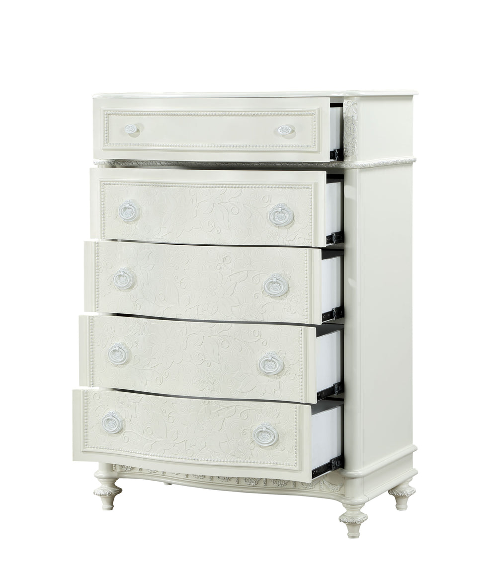 English Elm Dorothy Ivory Finish Chest with 5 Drawers, Turned Legs, Felt-Lined Top Drawer & 70lb Top Capacity B2726P294823