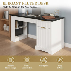 English Elm 55" Fluted White Computer Desk with Power Outlet Pegboard Cabinet and Keyboard Tray W2917P396008