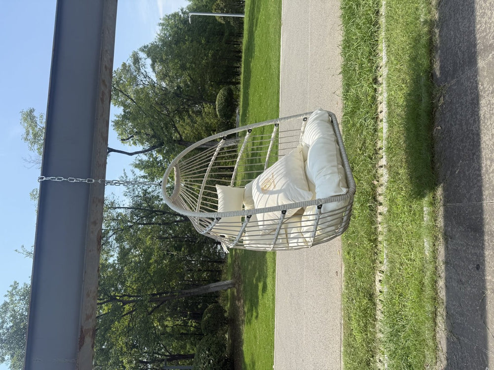 English Elm Outdoor Rattan Egg Swing Chair – Stylish Off-White Hanging Chair With Cushions & Durable Frame W2500P364236-GIGA