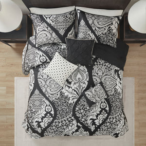 English Elm 7 Piece Cotton Comforter Set - Elegant Black Queen Collection With Damask Design & Luxury Accents B03597261