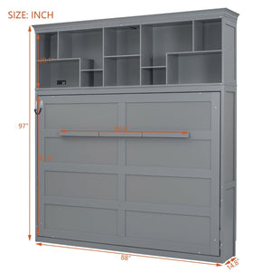 English Elm Queen Murphy Wall Bed Cabinet with Integrated Shelves Usb Charging Space Saving Design Gray LP006668AAE-1