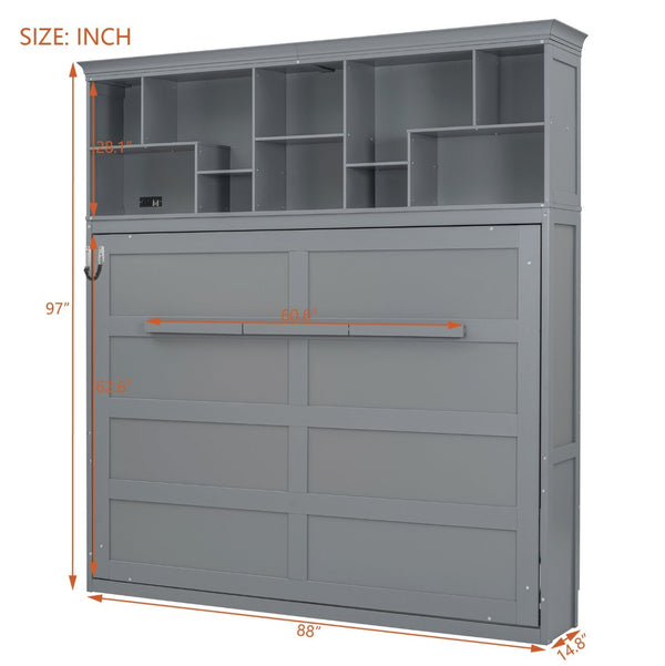 English Elm Queen Murphy Wall Bed Cabinet with Integrated Shelves Usb Charging Space Saving Design Gray LP006668AAE-1
