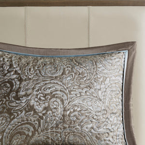 JLA Home Madison Park - 5 Jacquard Bedspread Set Reversible Paisley-Textured Quilt with Shams and Decorative Pillows, Taupe Sheen Blue/Brown MP13-4338