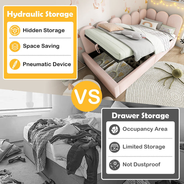 English Elm Upholstered Velvet Daybed with Hydraulic Storage & Metal Slatted Frame, Twin Sofa Bed, 300 lb Capacity Pink N736P333613P