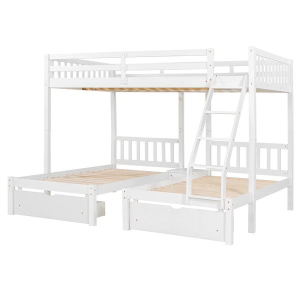 English Elm Full Over Twin Triple Bunk Bed Pine Wood Frame with Storage Drawers and Guardrails LT000343AAK-1