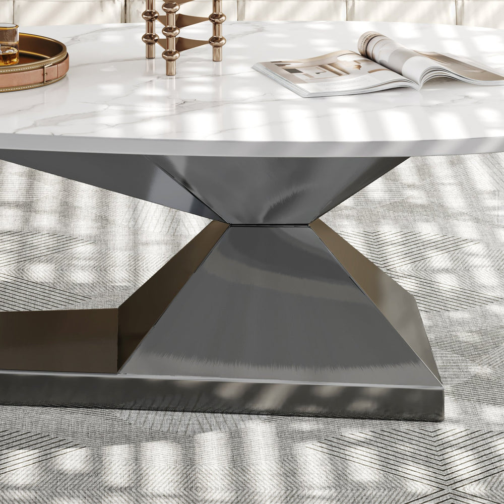 English Elm Modern Sintered Stone Tabletop Coffee Table with Stainless Steel Base – Scratch, Heat & Stain Resistant Centerpiece Dark Gray,White W3136S00010