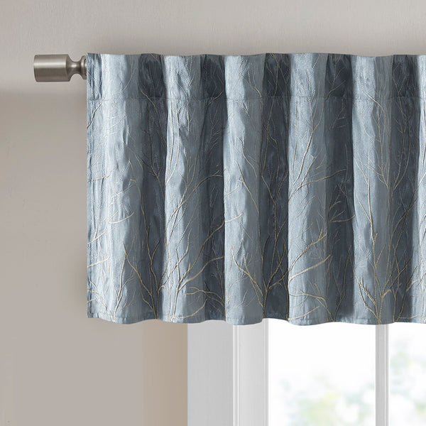 JLA Home Madison Park - Faux Embroidered Tree Branch Window Valance in Lustrous Silk-Look Fabric with Lined Privacy Drapery Blue MP41-4571