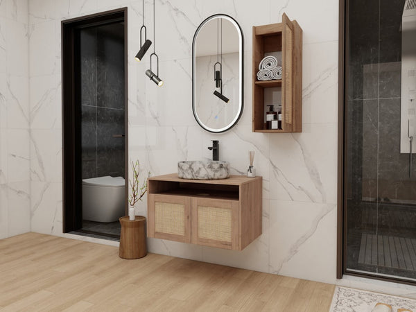 English Elm 30" Floating Bathroom Vanity Set with Ceramic Vessel Sink and Rattan Side Cabinet W999S00497