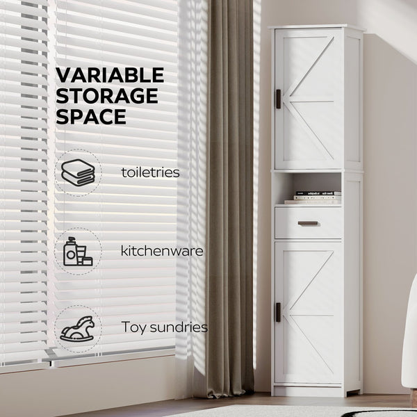 English Elm 69" Tall Bathroom Storage Cabinet with Barn Doors and Drawer, Slim 7-Shelf Floor Unit for Small Spaces White W3457P336681