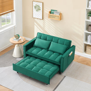 English Elm 55-inch Green velvet sofa bed with storage pockets, 2-seat convertible sleeper, solid wood frame, 500lb capacity W1658P239827