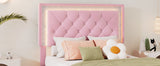 English Elm Twin Size Upholstered Bed Frame With Led Lights,Modern Velvet Platform Bed With Tufted Headboard,Pink