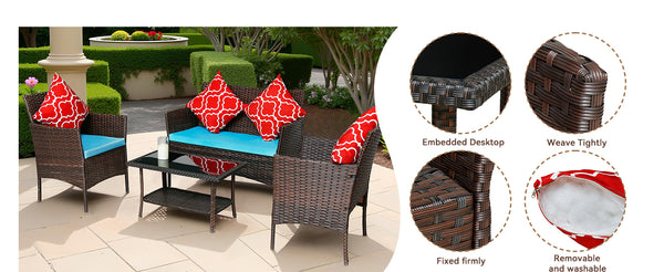 English Elm Four-Piece Pe Rattan Outdoor Furniture Set With Sapphire Blue Cushions & Glass-Top Table - Stylish Comfort For Patios And Gardens W3152P269436