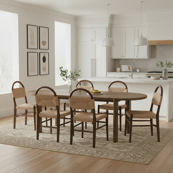 English Elm 7 Piece Oval Rubberwood Dining Set Woven Paper Cord Chairs Farmhouse Kitchen N762S100004AAD