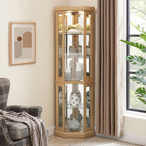 English Elm Corner Curio Cabinet Lighted Glass Display Case with Mirrored Back for Living Room Light Oak W2275P194430