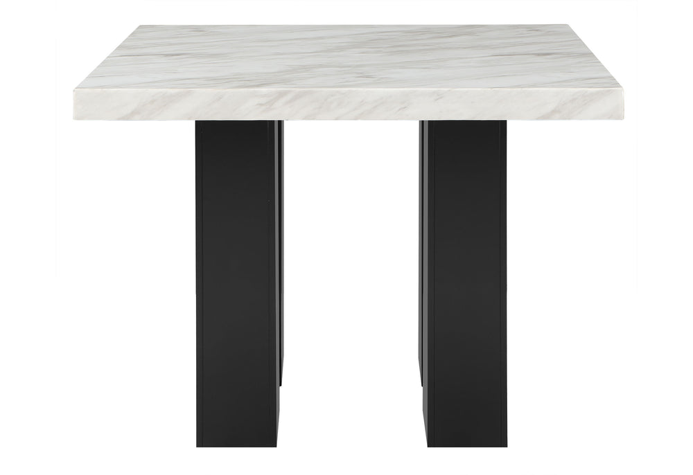 English Elm MIKHA Solid Wood White Bar Table with Faux Marble Top, Black Double Pedestal Base & Silver Connector B201S00094