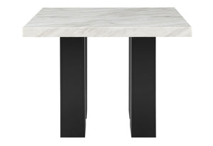 English Elm MIKHA Solid Wood White Bar Table with Faux Marble Top, Black Double Pedestal Base & Silver Connector B201S00094