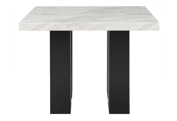 English Elm MIKHA Solid Wood White Bar Table with Faux Marble Top, Black Double Pedestal Base & Silver Connector B201S00094