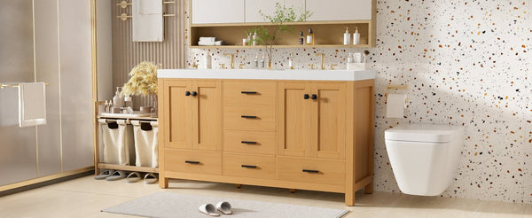 English Elm [video]59.3 Inch Wall Mounted Double Sink Vanity Wood Grain Mdf Soft Close Storage N729P000013O