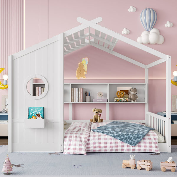 English Elm Full House Floor Bed with Roof Playhouse Design, Montessori Style with Rear Storage Shelf, Sturdy Pine White 78.5 L x 16.35 W x 8 H N733P335068K