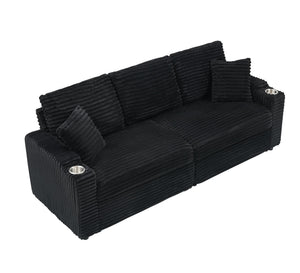 English Elm 80-inch Corduroy Folding Sofa Bed with Hidden Recline, Cup Holder & Pillows, Solid Wood Frame, 500lb Black W3356S00007