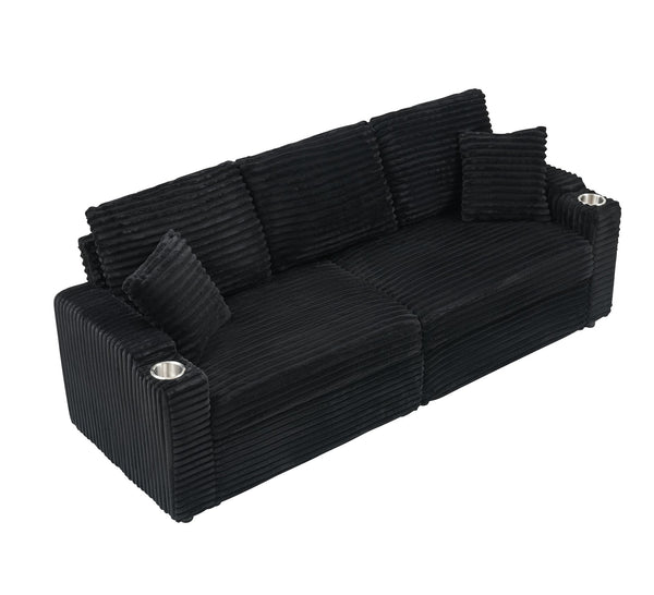 English Elm 80-inch Corduroy Folding Sofa Bed with Hidden Recline, Cup Holder & Pillows, Solid Wood Frame, 500lb Black W3356S00007