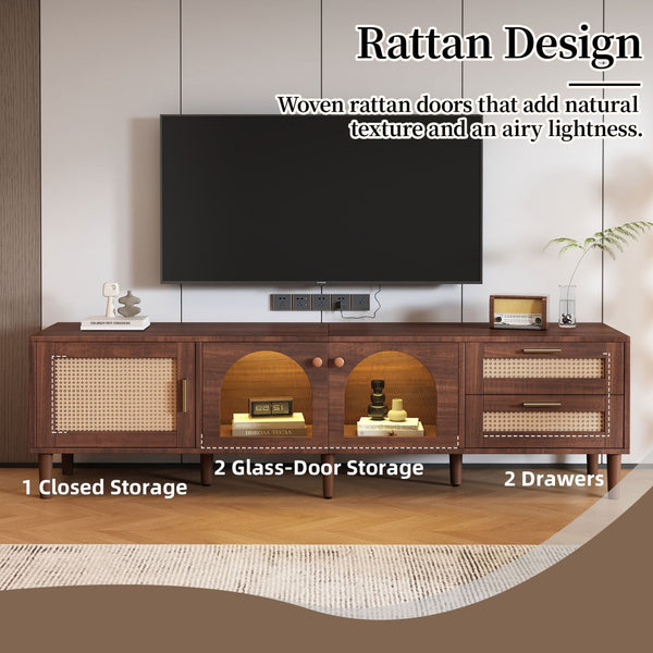 English Elm 70 Inch Rattan Media Console with Led Lighting Two Drawers Glass Storage Modern Living Room N710P396852P