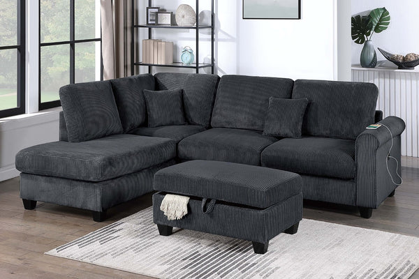 English Elm Contemporary Corduroy Sectional Set with Storage Ottoman and Built-in Usb Port B011S02229