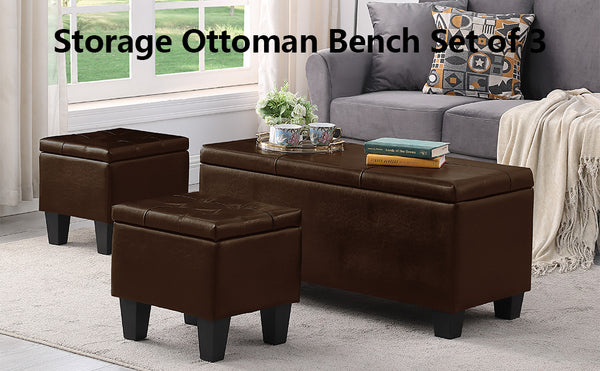 English Elm Large Storage Ottoman Bench Set 3-in-1 Tufted Linen Storage Ottoman Bench with 250lb Capacity and Quick Assembly W1420P380660