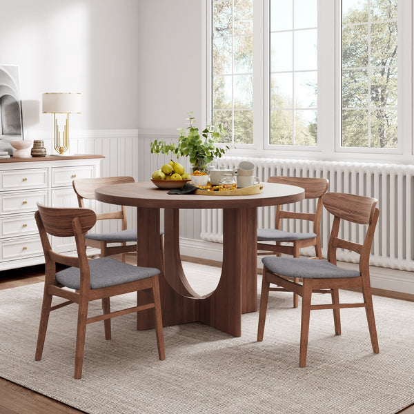 English Elm Christopher Knight Home® - 5PCS Mid-Century Modern Dining Set with Round Wood Table and Upholstered Fabric Chairs, Sleek Design Cappuccino,Walnut 58915.00DGY_N771P240935T