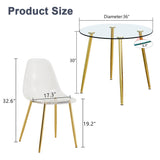 English Elm A Modern Minimalist Style Round Transparent Tempered Glass Table With Gold Metal Legs,Paired With 4 Modern Style Transparent Dining Chairs For A Luxurious Experience.