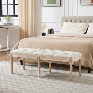 English Elm Bedroom Bench Linen Tufted Seat with Hand Carved Rubberwood Legs French Country Style W3244P500175