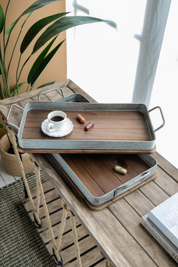 English Elm S/2 Rustic Fir Wood Serving Trays with Iron Accents for Farmhouse Tablescapes W2078P495641