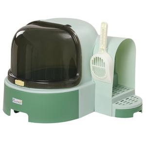 English Elm PawHut Space Capsule Covered Cat Litter Box with Removable Tray, Front Door Access & Odor Control Green W2225P229423