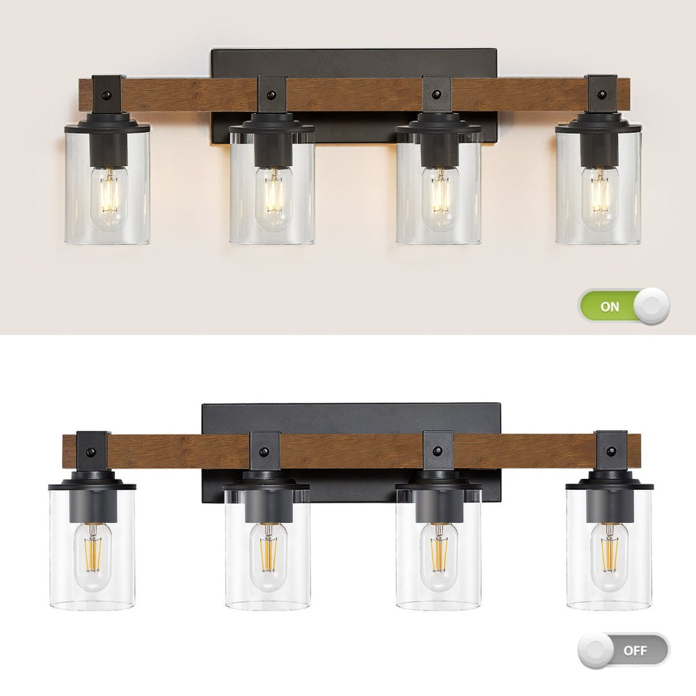 English Elm 4-light Industrial Farmhouse Vanity Bar Wood Backplate Matte Black Clear Glass Bath T3963P458336