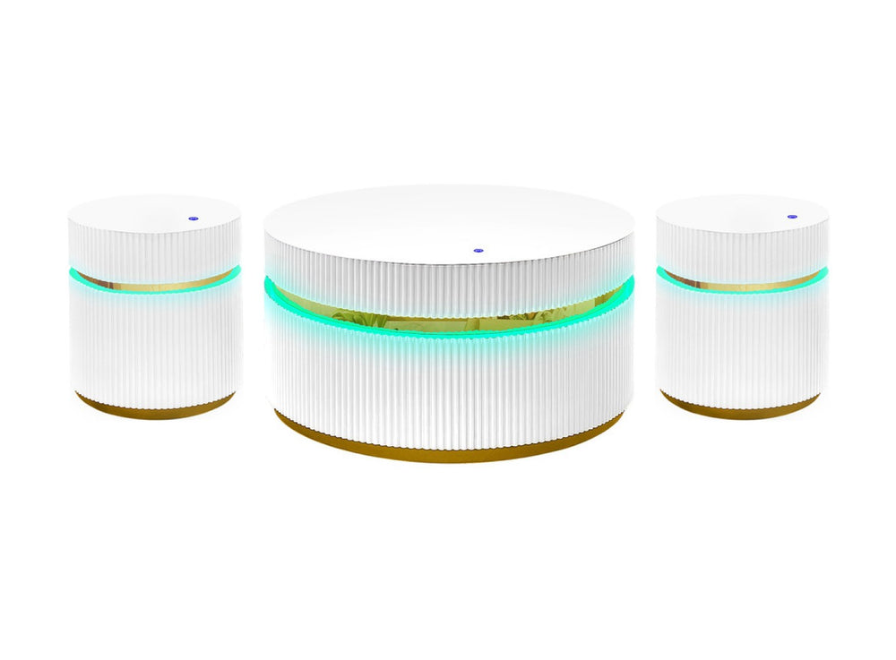 English Elm Tivoli Round Glass Top Coffee Table Set with Led Lighting and Gold Reeded Base B2749S00156