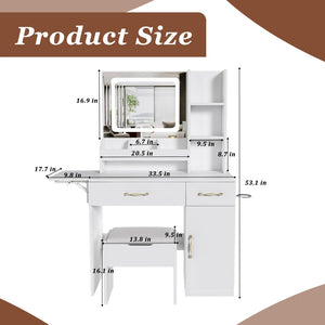 English Elm Vanity Desk with Led Mirror Touch Light Power Outlet Drawers and Storage Stool W2700P342538