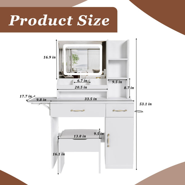 English Elm Vanity Desk with Led Mirror Touch Light Power Outlet Drawers and Storage Stool W2700P342538