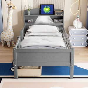 English Elm Wood Twin Size Platform Bed with Built-in LED Light, Multifunctional Headboard, Guardrail & Storage Drawers Gray N709P243969E