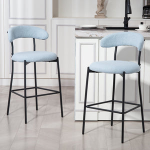 English Elm 26'' Teddy Counter Height Bar Stool Blue Fabric Cover with Soft Cushion, Stylish Backrest, Black Powder-Coated Base and Footrest for Kitchen Island (Set of 1) W2215P292148