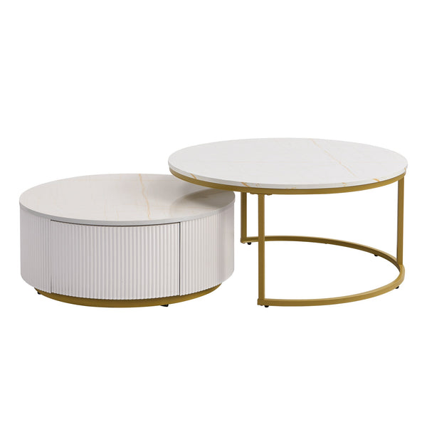 English Elm Modern Round Nesting Coffee Table Set with Fluted MDF Top, Hidden Drawer & Gold Pedestal Bases Enhances Style Golden+White CH325939AAK