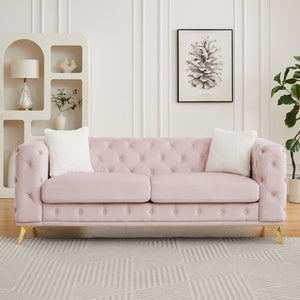 English Elm Fx Chesterfield Velvet Sofa with Diamond Tufting Polished Legs and Accent Pillows Pink W1926S00082