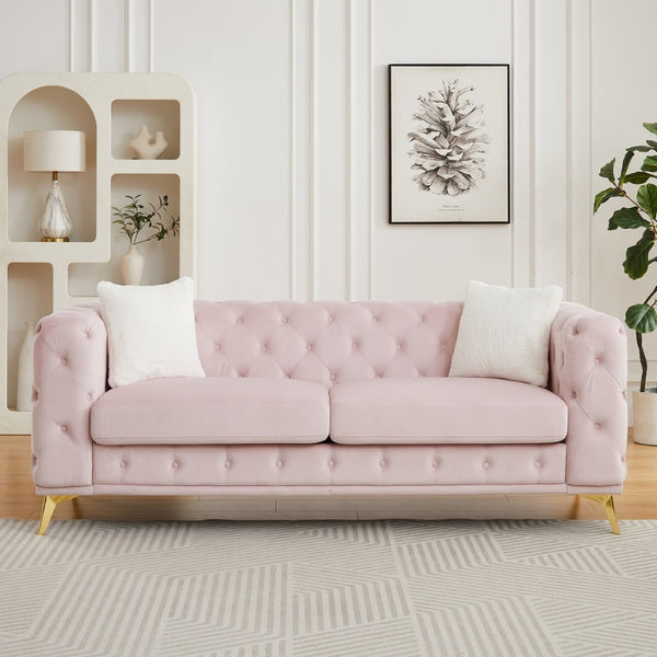 English Elm Fx Chesterfield Velvet Sofa with Diamond Tufting Polished Legs and Accent Pillows Pink W1926S00082