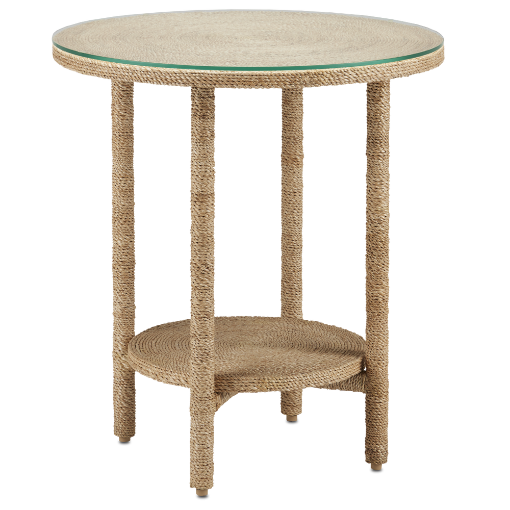 Limay Coastal Rope Accent Table with Glass Top - Handcrafted Wrought Iron & Natural Abaca Design