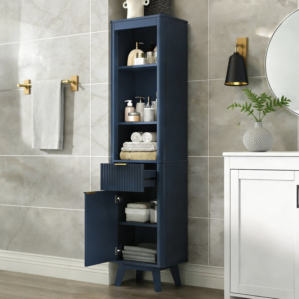 English Elm 68" Tall Fluted Freestanding Storage Cabinet with Drawer and Adjustable Shelf for Bathroom Blue N817P375218B