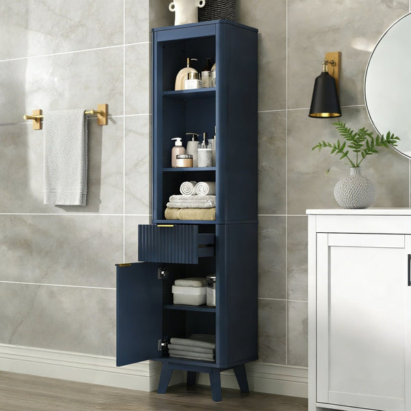 English Elm 68" Tall Fluted Freestanding Storage Cabinet with Drawer and Adjustable Shelf for Bathroom Blue N817P375218B
